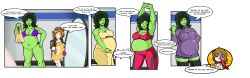 2girls avengers_academy belly big_belly big_breasts bra breasts cleavage clothes comic dress female green_skin hand_on_belly hulk_(series) janet_van_dyne large_belly male marvel marvel_comics nasuokaa-san nosebleed pregnant sequence she-hulk speech_bubble sunglasses sunglasses_on_head sweater tight_clothing wasp_(marvel)