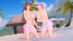 2girls 3d ayane_(doa) beach big_breasts breasts brown_eyes brown_hair dead_or_alive female female_focus female_only hourglass_figure human kasumi_(doa) large_breasts light-skinned_female light_skin longpole looking_at_viewer multiple_girls nude_female palm_tree palm_trees purple_hair red_eyes short_hair water