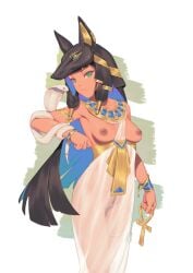 animal_ears ankh bigrbear black_hair blue_hair bracelet breastless_clothes breasts breasts_apart casual_exposure casual_nudity cobra_(animal) colored_inner_hair commentary dark-skinned_female dark_nipples dark_skin egyptian_clothes egyptian_mythology female female_pubic_hair gold_(metal) gold_jewelry gold_trim green_eyes headdress highres jackal_ears jewelry long_hair looking_at_viewer medium_breasts multicolored_hair mythology nipples no_panties nonsexual_nudity original pubic_hair pussy see-through see-through_clothing snake solo tan thigh_strap transparent_clothing uncensored