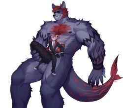 5_fingers absurd_res ailurid anthro balls biceps big_muscles big_penis black_bottomwear black_clothing black_pants black_sclera bottomwear bracelet chest_tuft clothing countershade_torso countershading duo fingers fluffy fluffy_tail fur genitals gloves grey_body grey_fur hair handwear hi_res huge_cock hybrid jewelry looking_at_genitalia looking_at_penis macro male male/male mammal masturbation muscular muscular_male muscular_thighs nipples orange_eyes pants pecs penis red_body red_fur red_hair red_panda rosutoriano scar scared shark_tail simple_background size_difference suit tuft vein veiny_penis white_background