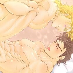 2boys abs anal_sex battle_tendency blonde_hair blonde_hair_on_brown_hair blonde_hair_top blush brown_hair brown_hair_bottom caesar_zeppeli closed_eyes domination gay green_eyes implied_sex jojo's_bizarre_adventure joseph_joestar light_hair_on_dark_hair male male/male male_only male_penetrated male_penetrating_male muscular_male nude_male offscreen_sex open_mouth pecs penetration sweat yaoi