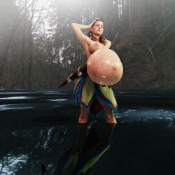 1girls 3d aloy bathing belly big_belly breasts clubzenny eyes_closed female female_only ginger horizon_zero_dawn nipples pregnant red_hair solo_female stretch_marks stretchmarks water