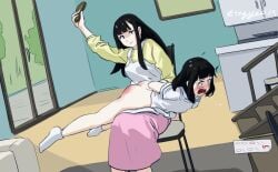 angry apron black_eyes black_hair blush discipline eingyeo embarrassed mother_and_daughter original_character sad school schoolgirl shaved_pussy shocked shocked_eyes sitting spank spank_marks spanking teary_eyes