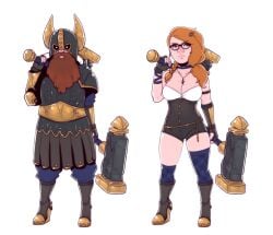 1girls armor armored_boots blue_legwear breasts broken_hilt_inn catriona_orcsmasher cleavage dave_cheung dual_wielding dwarf dwarf_female fake_beard female glasses green_eyes hammer high_heel_boots holding_weapon large_breasts mismatched_legwear nordic orange_hair shortstack solo thighhighs unitard viking