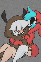 2girls anniecool blue_hair blush blushing cute cute_fang female garter_straps goomba goomba_girl hair_over_eyes hoodie hug hugging_from_behind long_sleeves mario_(series) mask nintendo only_female safe sfw shy_gal tagme thick_thighs thighhighs white_hair wholesome