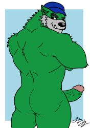 2022 absurd_res ass big_butt big_muscles black_eyes blue_cap dasyurid dasyuromorph erection fur genitals gorrizz green_body green_fur hi_res looking_at_viewer looking_back male mammal marsupial muscular penis richard_devil solo tasmanian_devil