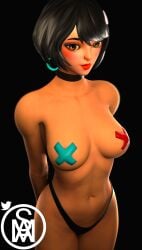 1girls black_hair breasts breasts_out brown_eyes earrings evie_(fortnite) female female_only fortnite lipstick looking_at_viewer middlemansfm nipple_stickers no_bra panties pasties short_hair