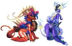 all_fours anthro big_breasts blue_eyes breast_grab breast_size_difference breasts cleavage cleavage_overflow dragon dragon_girl dragoness duo eyelashes female female_pokemon fivel game_freak glistening glistening_body hand_on_breast horn koraidon looking_at_viewer miraidon nintendo no_background pokémon_(species) pokemon pokemon_sv protogen pupils purple_body red_body simple_background slit_pupils spikes tail two_tone_body two_tone_scales white_background wingless_dragon yellow_eyes