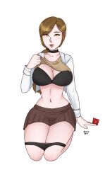 athorment_oc big_breasts bra brown_eyes brown_hair cleavage condom condom_wrapper gabriela_(athorment) glossipershi looking_at_viewer panties panties_down pinup ponytail shirt_lift skirt suggestive_look