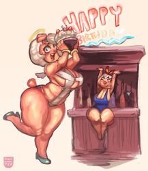 2022 2girls anthro artist_name birthday bracelets cake cleavage duo emelie_(cyancapsule) female female_focus female_only footwear happy_birthday mirky_tea original original_character pig_girl shoes standing thick_thighs voluptuous