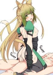 1boy ahoge anal animal_ears ass atalanta_(fate) bangs bare_back black_footwear black_gloves blonde_hair boots braid breasts cat_ears cat_tail clothed_female_nude_male cum cum_in_ass cum_inside dress ejaculation fate/apocrypha fate_(series) female gloves green_dress green_eyes green_hair long_hair multicolored_hair nipples nude open_mouth penis puffy_short_sleeves puffy_sleeves sex shiseki_hirame short_sleeves small_breasts sound_effects sweat tail testicles thigh_boots thighhighs third-party_edit twintails two-tone_hair uncensored