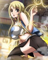 big_breasts black_skirt blonde_hair blush boots breasts brown_eyes fairy_tail female female_focus female_only key long_hair lucy_heartfilia panties rakara11 seductive seductive_look seductive_pose skirt socks sweat thigh_socks thighhighs tied_hair upskirt white_clothing white_panties white_socks