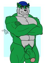 2021 abs anthro big_muscles black_eyes blue_cap dasyurid dasyuromorph fur genitals gorrizz green_body green_fur hi_res looking_at_viewer male mammal marsupial muscular nude penis richard_devil solo tasmanian_devil