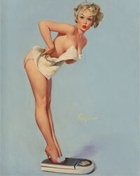 1960 1960s 1girls 20th_century 60s bent_forward blonde_hair blue_eyes breasts female female_only gil_elvgren high_heels lipstick looking_at_viewer original painting_(artwork) pinup pinup_girl scale solo straight_hair towel traditional_media_(artwork) vintage