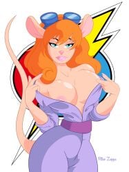 anthro areola_slip big_breasts big_eyes big_hair busty chip_'n_dale_rescue_rangers cleavage disney female female_only furry gadget_hackwrench goggles_on_head green_eyes hourglass_figure jumpsuit looking_at_viewer mouse_ears mouse_humanoid nipples off_shoulder red_hair ricozappa signature solo text