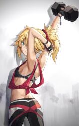 1girls ass blonde blonde_eyebrows blonde_female blonde_hair blonde_hair_female bracelet breasts dumbbell fang_out fate/apocrypha fate/grand_order fate_(series) hand_weight looking_back mordred_(fate) one_eye_covered ponytail ripped_tank_top sideboob sports_bra tagme tonee weightlifting_gloves white_background yoga_pants