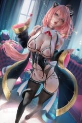 1girls 2022 absurd_res aged_up anya_forger breasts female female_only green_eyes hair_ornament hips huge_breasts indoors long_hair nipples pink_hair sakimichan slim_waist spy_x_family thick_thighs thighs wide_hips