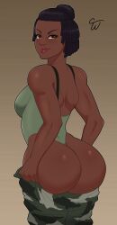 1girls 2d ass big_ass black_hair brown_eyes bubble_butt dark-skinned_female dark_skin female female_only jacqui_briggs looking_at_viewer mortal_kombat mortal_kombat_11 presenting_hindquarters solo solo_female text truewaifu undressing