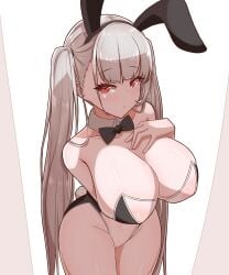 absurdres animal_ears arm_under_breasts azur_lane black_bow black_bowtie blonde_female bow bowtie breasts bunny_ears bunny_tail bunnysuit detached_collar eyebrows_visible_through_hair fake_animal_ears fake_tail female female_only formidable_(azur_lane) from_above grey_hair hand_on_own_chest highres korean_commentary large_breasts leotard long_hair looking_at_viewer meme_attire playboy_bunny rabbit_ears rabbit_tail red_eyes see-through see-through_leotard simple_background solo soranotsuno strapless strapless_leotard tail traditional_bowtie translucent_bunnysuit transparent_bunnysuit twintails very_long_hair white_background