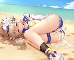 after_sex after_vaginal anus barbara_(genshin_impact) barbara_(summertime_sparkle)_(genshin_impact) beach big_penis blonde_hair blush bondage bound bound_ankles bound_legs censored closed_eyes collarbone cum cum_in_pussy cum_inside genshin_impact grabbing_legs hajika hilichurls_(species) nun penis pussy questionable_consent sex swimsuits thigh_band torn_bottomwear torn_clothes torn_clothing torn_legwear torn_panties torn_sleeve torn_sleeves vaginal_penetration