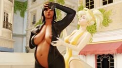 2girls 3d belly big_belly big_breasts black_hair blonde_hair breasts clubzenny dark-skinned_female dark_skin egyptian egyptian_female female light-skinned_female light_skin mercy middle_eastern middle_eastern_female overwatch pharah pregnant