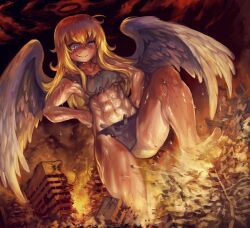 abs angel angel_wings blonde_hair blue_eyes brat damaged_clothes destroyed_city female giantess grin monster_girl muscular_female muscular_thighs partially_nude small_breasts smug yilx young