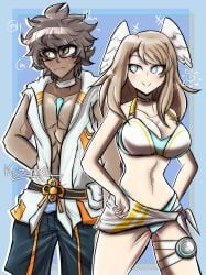 1boy 1girls 2022 abs abstract_background accessory athletic_female athletic_male belt big_breasts bikini black_hair blonde_hair blue_eyes blush busty canon_costume canon_couple choker cleavage confident core_crystal cute dark-skinned_male duo duo_focus embarrassed embarrassed_male eunie_(xenoblade) eyebrows_visible_through_hair eyes_visible_through_hair fit_female fit_male glasses hands_on_hips head_wings jacket krizeros light-skinned_female looking_at_partner looking_away midriff nervous open_jacket sash shoulder_length_hair six_pack smile standing swim_trunks swimsuit taion_(xenoblade) teenager thighband wings xenoblade_(series) xenoblade_chronicles_3 yellow_eyes