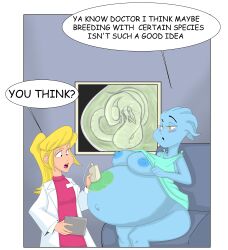 2girls alien alien_(franchise) alien_girl asari belly big_belly big_breasts blue_skin breasts english english_text female fetus mass_effect mpregnator nipples pregnant speech_bubble ultrasound xenomorph