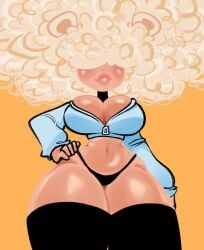 1girls afro anthro bear bear_ears bear_girl blonde_hair blush breasts choker cleavage crop_top curvy curvy_female female female_focus hair_covering_eyes hair_over_eyes hand_on_hip hourglass_figure large_breasts long_sleeves looking_down midriff navel ohthesunnyside overflowing_breasts panties plump_lips solo solo_female stockings thick_thighs thighs thin_waist thong voluptuous yellow_background zipper