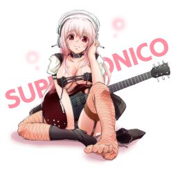 1girls bandeau belt black_bandeau black_bra blush boots bra breasts cleavage collar feet fishnets foot_fetish foot_focus garter_belt garter_straps guitar headphones heels huge_breasts instrument long_hair looking_at_viewer nitroplus pink_hair red_eyes red_guitar revealing_clothes simple_background sitting smile soles solo straps super_sonico text toes tsukineko tubetop white_background