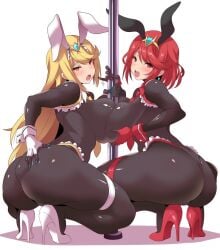 2girls alternate_breast_size big_butt blonde_hair bubble_butt bunny_ears bunnysuit butt curvaceous female female_focus female_only high_heels huge_butt konno_tohiro large_butt latex looking_at_viewer looking_back multiple_girls mythra pinup pole pose pyra red_eyes red_hair red_heels shoes stripper_pole xenoblade_(series) xenoblade_chronicles_2 yellow_eyes