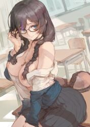 1girls 2022 absurd_res artist_signature braided_twintails breasts_out brown_hair classroom cutesexyrobutts erect_nipples female female_only glasses hips indoors large_areolae large_breasts long_hair looking_at_viewer nipples original original_character school_uniform schoolgirl slim_waist smile thick_thighs thighs twintails wide_hips