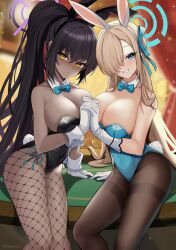 2girls :d animal_ears arm_behind_back artist_name asuna_(blue_archive) asuna_(bunny)_(blue_archive) bangs bare_arms bare_shoulders black_bow black_bowtie black_hair black_legwear black_leotard blonde_hair blue_archive blue_bow blue_bowtie blue_eyes blue_leotard blue_ribbon blurry blurry_background blush bokeh bow bowtie breasts bunny_ears bunny_girl bunny_tail bunnysuit casino_card_table cleavage closed_mouth collarbone commentary covered_navel curtains dark-skinned_female dark_skin depth_of_field detached_collar dot_mouth dot_nose eyebrows_visible_through_hair fake_animal_ears fake_tail fishnet_legwear fishnets forehead gloves hair_between_eyes hair_over_one_eye hair_ribbon halo high_ponytail highleg highleg_leotard highres holding_hands indoors karin_(blue_archive) karin_(bunny)_(blue_archive) large_breasts leotard long_hair looking_at_viewer millennium_science_school_student mole mole_on_breast multiple_girls nassss official_alternate_costume open_mouth pantyhose parted_bangs playboy_bunny rabbit_tail ribbon side-tie_leotard smile sparkle strapless strapless_leotard swept_bangs tail teeth very_long_hair white_gloves wrist_cuffs