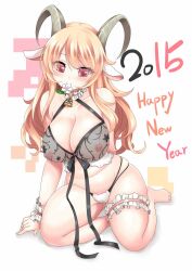 2015 animal_ears blonde_hair breasts chinese_zodiac cleavage commentary_request covered_nipples female female flower goat_ears goat_horns highres horns kneeling large_breasts lingerie long_hair looking_at_viewer miyuki_rei navel nengajou new_year original panties partial_commentary red_eyes solo underwear very_long_hair white_flower year_of_the_goat