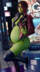 1girls 3d alien alien_girl alien_look_like_human belly big_belly bra breasts clubzenny female female_only gamora green-skinned_female green_skin guardians_of_the_galaxy guardians_of_the_galaxy_(game) marvel pregnant sideboob solo_female