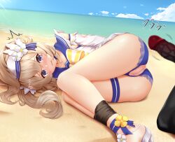 anus barbara_(genshin_impact) barbara_(summertime_sparkle)_(genshin_impact) beach big_penis blonde_hair blush bondage bound bound_ankles bound_legs censored closed_eyes collarbone genshin_impact hajika hilichurls_(species) mosaic_censoring mosaic_censorship nun penis pussy questionable_consent sandals swimsuits thigh_band torn_bottomwear torn_clothes torn_clothing torn_legwear torn_panties torn_sleeve torn_sleeves