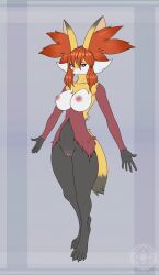 anthro anthrofied big_breasts black_body black_fur breasts delphox female fur furry furry_only genitals hi_res nintendo nude pokémon_(species) pokemon pose pussy solo standing tail tanukiarts video_games