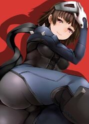 1girls ass atlus bodysuit breasts brown_hair clothing female gloves human looking_at_viewer lying makoto_niijima mask nemu_(nebusokugimi) pale_skin persona persona_5 phantom_thief_suit red_eyes scarf short_hair skin_tight smile solo