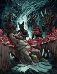 absurd_res animal_genitalia animal_penis anthro balls belly belly_expansion big_belly black_body black_fur bondage bound bovid canid canine canine_penis canis caprine caprine_demon cave chains demon expansion feederism feeding food food_fetish force_feeding forced fur genitals gluttony goat goat_demon group hell hex_(satanic-furry) hi_res jackal knot male mammal momamo penis piercing sheath wolf yenoc