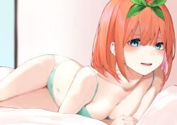 1girls aqua_eyes big_breasts blush bra breasts cleavage female female_only go-toubun_no_hanayome hair_ribbon highres jun30409972 legs light-skinned_female looking_at_viewer lying nakano_yotsuba navel nude open_mouth orange_hair panties short_hair solo teal_bra teal_panties underwear