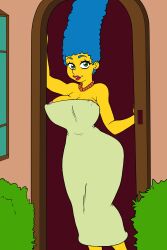 1girls alternate_breast_size alternate_version_available areola_slip ass_in_dress big_breasts blue_hair busty erect_nipples female female_only green_eyes hourglass_figure large_breasts lipstick long_hair marge_simpson milf slashysmiley solo standing tagme the_simpsons wide_hips yellow_body