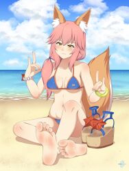 1girls animal_ears animal_tail bangs barefoot beach bikini blue_bikini blue_bra blue_panties blue_swimsuit blush bra bracelet breasts cloud day fate_(series) feet foot_focus footprint footwear footwear_removed fox fox_ears fox_girl fox_tail heels high_heels high_heels_removed jewelry kitsune large_breasts looking_at_viewer lululewd navel ocean open_toe_shoes outdoors outside panties pink_hair sand shoes_removed sitting smile soles solo stripper_heels swimsuit tail tamamo_no_mae_(fate) tamamo_no_mae_(swimsuit_lancer) tied_hair toeless_footwear toes water yellow_eyes