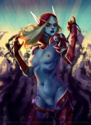 1girls banshee banshee_(warcraft) banshee_queen blizzard_entertainment blonde_hair blue_skin breasts cape dark_ranger female female_focus female_only nipples pale-skinned_female partially_clothed partially_clothed_female pussy red_eyes solo solo_female sylvanas_windrunner undead undead_(warcraft) veelpo warcraft world_of_warcraft