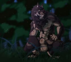 abs absurd_res animal_genitalia anthro balls big_balls brown_body brown_fur canid canine canis chest_tuft crouching eyebrows fangs fur genitals grass hi_res likanen male mammal muscular muscular_anthro muscular_male nipples nude pecs plant pubes sheath solo tree tuft were werecanid werecanine werewolf wolf