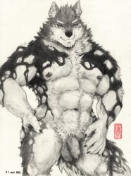 abs anthro balls canid canine canis claws domestic_dog flaccid foreskin genitals greyscale hi_res husky lifewonders live-a-hero male mammal monochrome monomasa muscular muscular_anthro muscular_male nipples nordic_sled_dog nude pecs penis solo spitz toronoeroaka traditional_media_(artwork) video_games