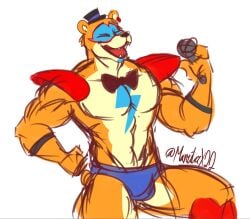 1boy anatomically_correct anthro bear biped blue_boxers blue_briefs blue_underwear bodypaint bowtie boxer_briefs brown_body brown_fur bulge closed_eyes color colored colored_sketch five_nights_at_freddy's five_nights_at_freddy's:_security_breach furry glamrock_freddy_(fnaf) male male_only mammal microphone morgandeer muscular muscular_male pecs shoulder_pads singing sketch speedo tail tattoo underwear ursid_taur