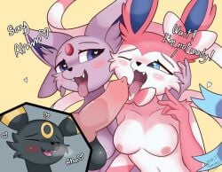 ! 1boy 2girls animal_genitalia animal_penis anthro balls ballsack black_fur blowjob blue_eyes blush body_fur breasts cartoony closed_eyes eeveelution erection espeon fangs fellatio female female_focus game_freak heart implied_oral lavender_fur male nintendo nipples oral oral_sex partial_male penis pink_fur pokémon_(species) pokemon pokemon_(species) pokemon_gsc pokemon_species pokemon_xy purple_eyes scrotum smooth_fur smooth_penis sylveon testicles text tongue tongue_out umbreon