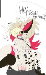 anthro anthro_on_anthro balls blush bodily_fluids breasts brown_body brown_fur canid canid_demon chichixxx18 claws crymini_(hazbin_hotel) demon dialogue duo ear_piercing faceless_character fangs female female_penetrated fur genital_fluids genitals grey_body grey_fur hair hazbin_hotel hellhound hi_res knot looking_pleasured male male/female male_penetrating male_penetrating_female mammal multicolored_body multicolored_fur multicolored_hair nipple_piercing nipples on_bottom on_top open_mouth penetration penis piercing pink_body pink_eyes pink_fur pink_hair pussy_juice reverse_cowgirl_position saliva sex smooth_skin speech_bubble two_tone_body two_tone_fur two_tone_hair unseen_male_face vaginal_penetration vein veiny_penis white_background white_body white_fur white_hair