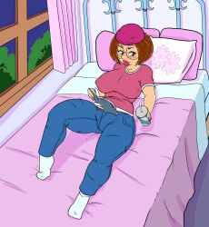 beanie bed bedroom big_breasts breasts brown_hair busty erect_nipples family_guy female female_focus female_only fingernails glasses green_eyes hourglass_figure lipstick meg_griffin nail_polish pink_nails pinup pinup_pose short_hair slashysmiley tagme wide_hips