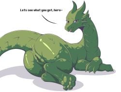 2000s 2020s 2022 2d anthro anthro_only ass ass_focus big_ass big_butt deepest_sword denzeltip dragon female female_only feral green_skin knight_on_monster long_the_dragon naked nude pussy scalie scalie_female scalie_only smile tail tail_up white_background